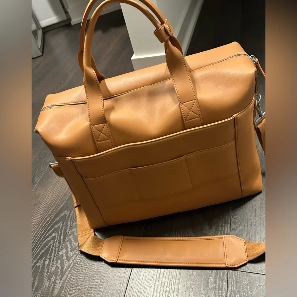 Elegant Tan Vegan Leather Laptop Tech and Travel Metro Duffle Bag
